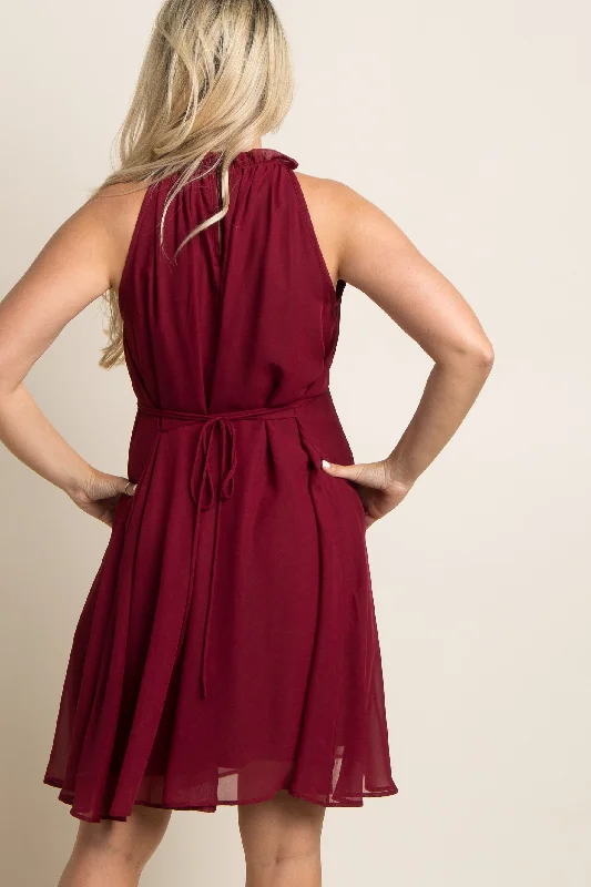 burgundy-chiffon-high-neck-maternity-dress