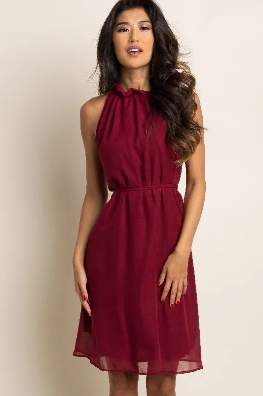 burgundy-chiffon-high-neck-maternity-dress