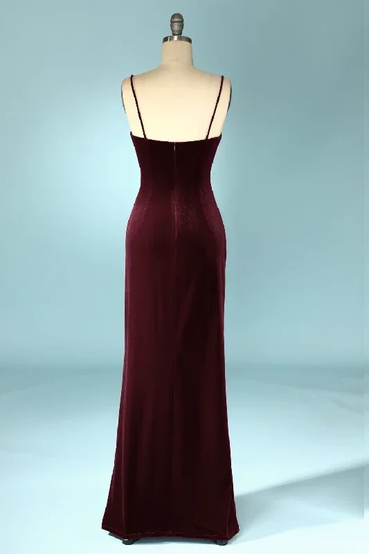 burgundy-velvet-v-neck-straps-long-bridesmaid-dress-with-slit