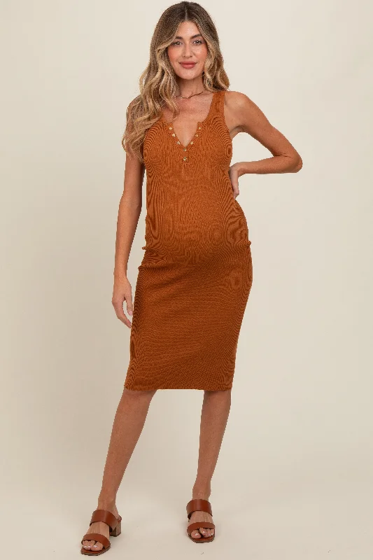 Camel Sleeveless Knit Henley Maternity Midi Dress