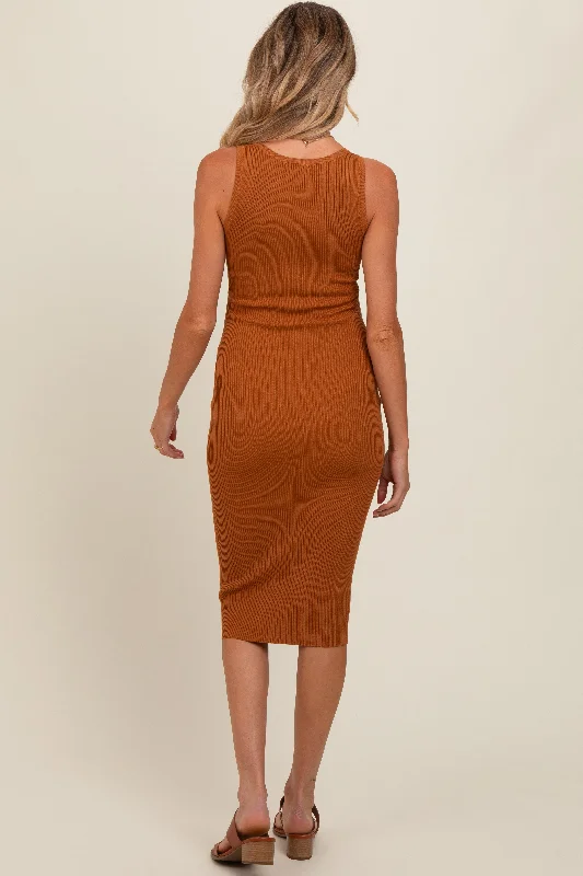 camel-sleeveless-knit-henley-maternity-midi-dress