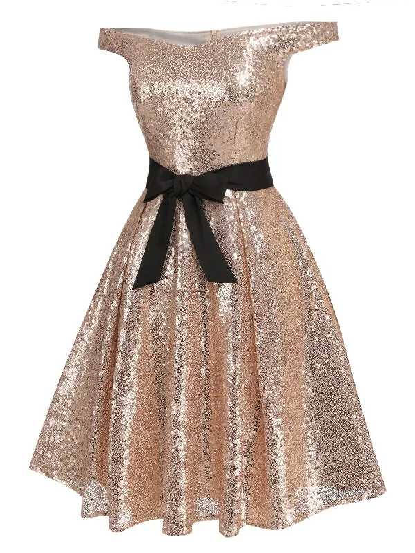 champagne-1950s-sequined-off-shoulder-dress