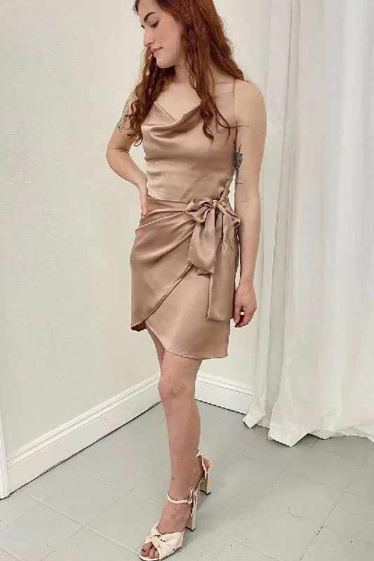 Champagne Satin Cowl Neck Tie-Side Short Bridesmaid Dress