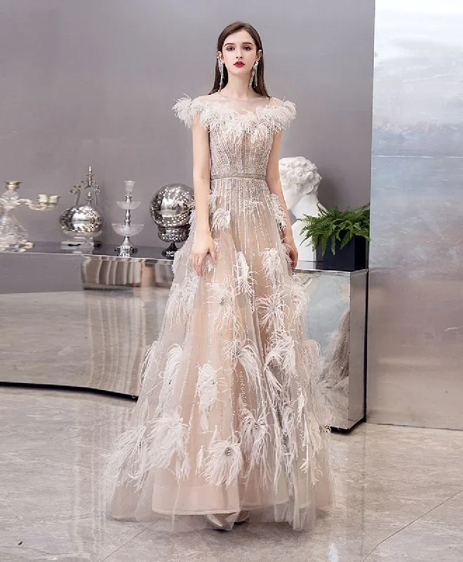 Champagne Tulle Beads Long Prom Dress, Champagne Formal Evening Dress