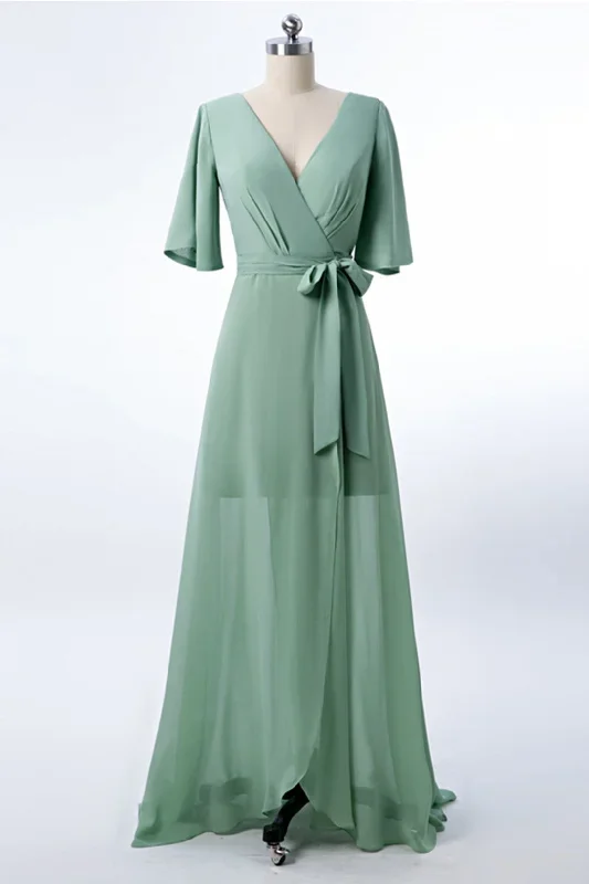 Chiffon Dusty Green Long Bridesmaid Dress with Sleeves