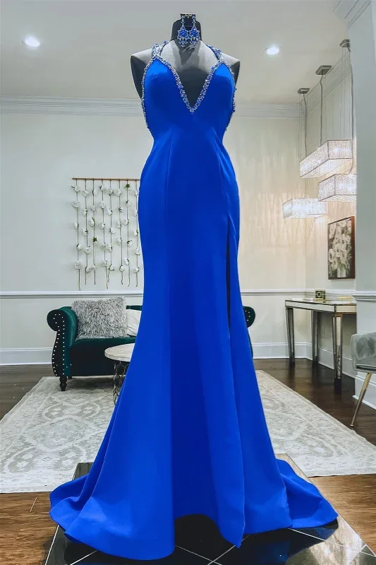 Royal Blue Straps V Neck Beaded Long Prom Dress with Slit