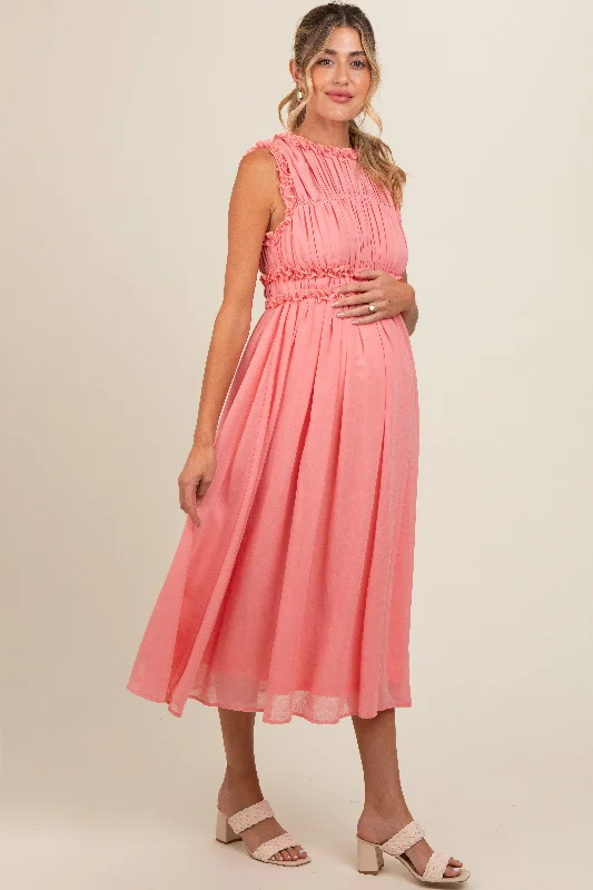 coral-chiffon-ruched-lettuce-edge-ruffle-maternity-midi-dress