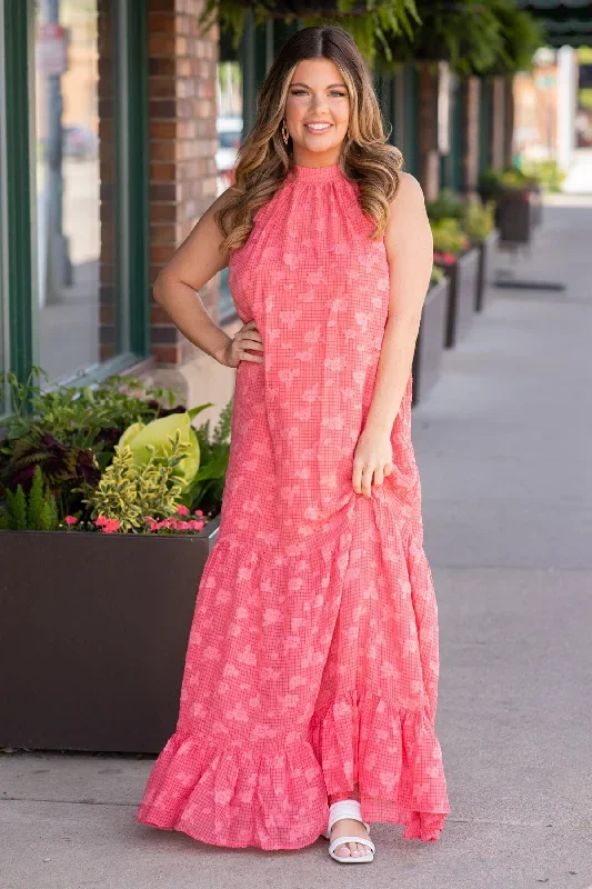 Coral Textured Halter Neck Maxi Dress