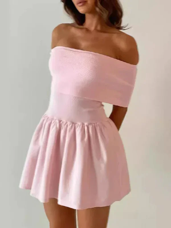 Off Shoulder Knit Summer Strapless Pink Draped Wedding Party Mini Dress