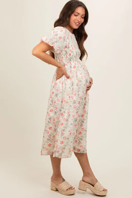 cream-floral-smocked-puff-sleeve-maternity-midi-dress