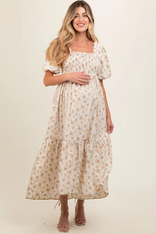 cream-floral-smocked-square-neck-short-puff-sleeve-maternity-midi-dress