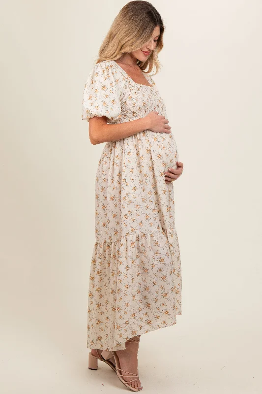 cream-floral-smocked-square-neck-short-puff-sleeve-maternity-midi-dress