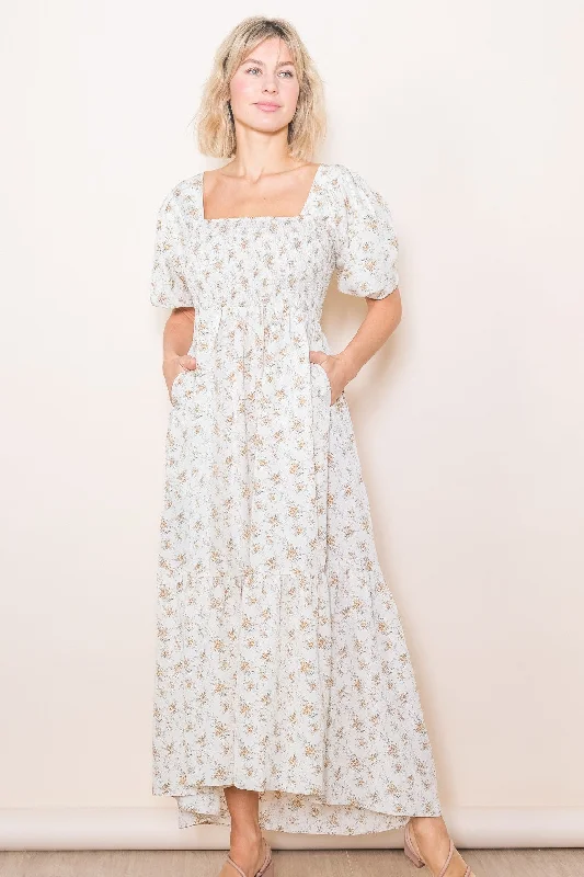 cream-floral-smocked-square-neck-short-puff-sleeve-maternity-midi-dress