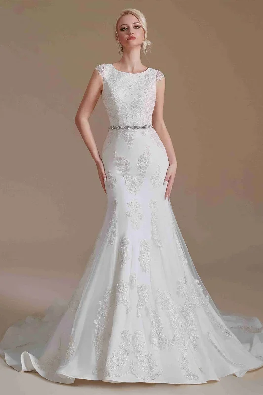 Crew Neck White Lace Long Wedding Dress with Cap Sleeves