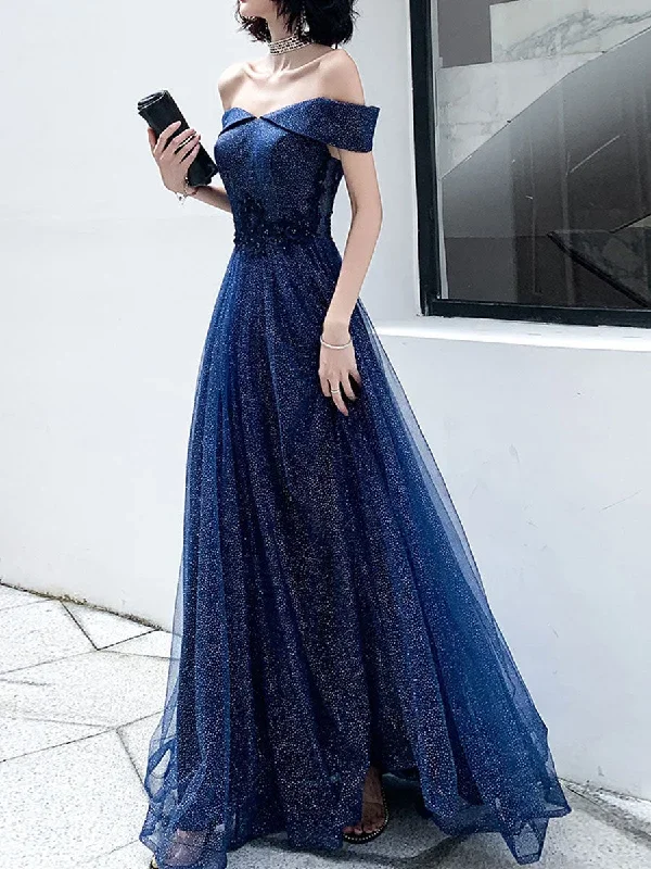 Dark Blue Tulle Long Prom Dress, A-Line Tulle Off Shoulder Blue Wedding Party Dresses