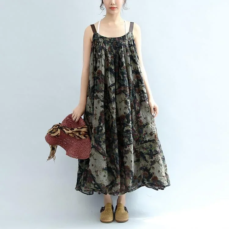 dark gray print linen dresses plus size casual sundress wrinkled casual sleeveless maxi dress