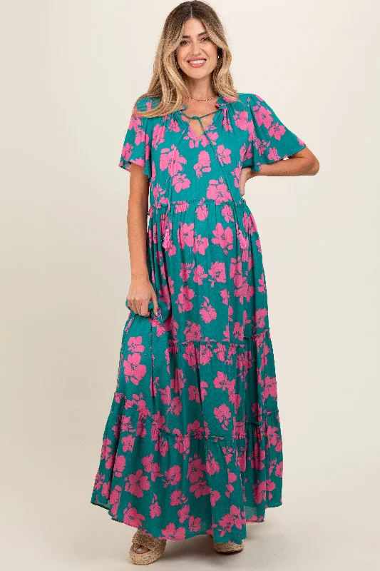 Dark Teal Floral Ruffle Neck Tiered Maternity Maxi Dress