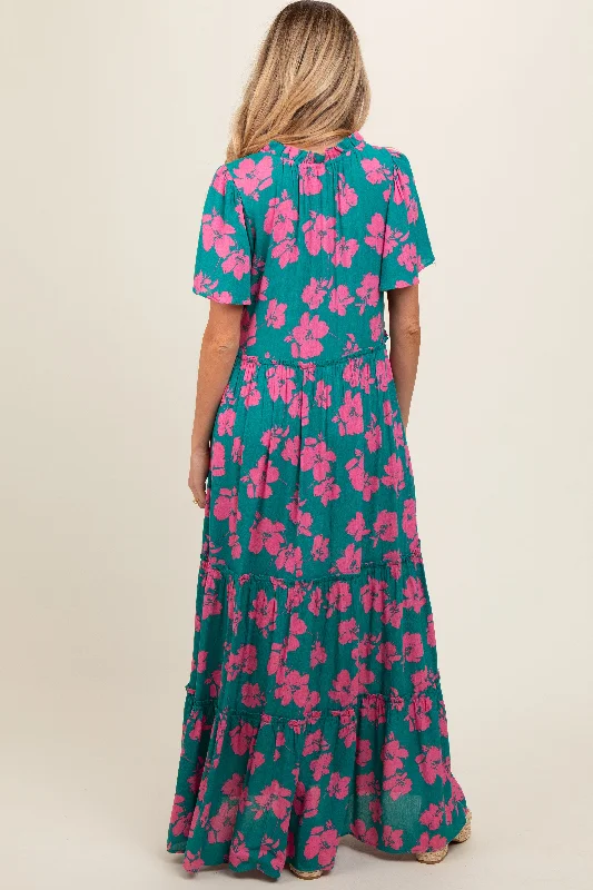 dark-teal-floral-ruffle-neck-tiered-maternity-maxi-dress