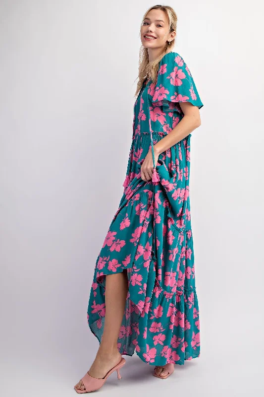 dark-teal-floral-ruffle-neck-tiered-maternity-maxi-dress