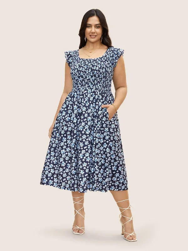 Ditsy Floral Shirred Ruffle Trim Midi Dress