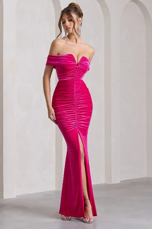 Divinity | Dark Pink Ruched Velvet Bardot Split Maxi Dress