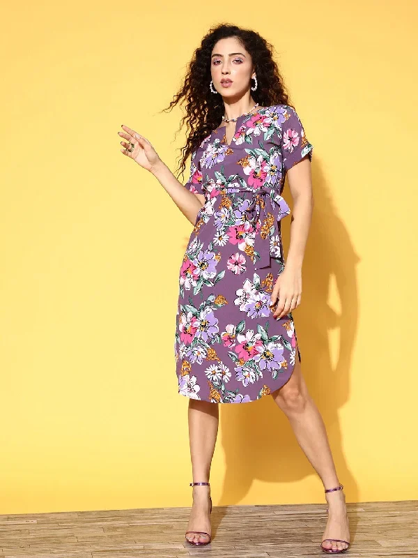 Berrylush Women Purple & White Floral Printed Shirt Collar Neck Waist Tie-Up Crepe Side-Slited A-Line Midi Dress