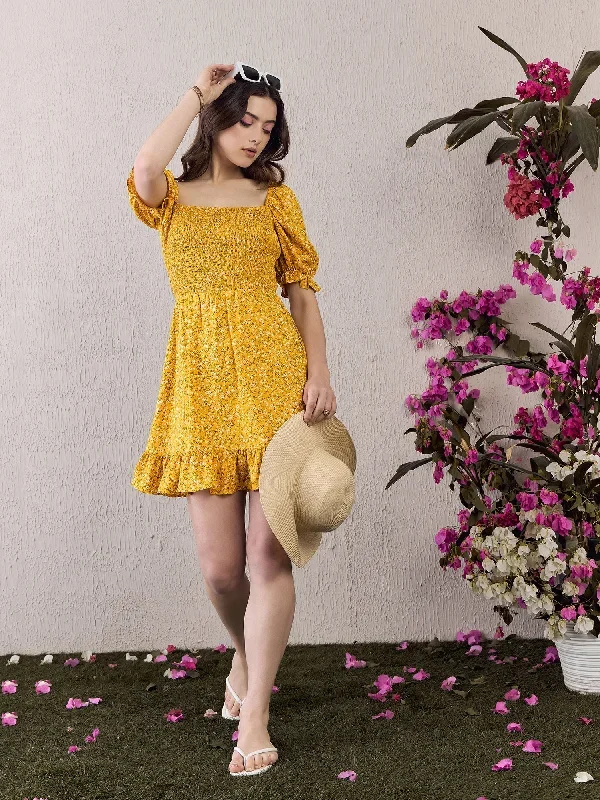 Berrylush Women Yellow Floral Print Square Neck A-Line Mini Dress