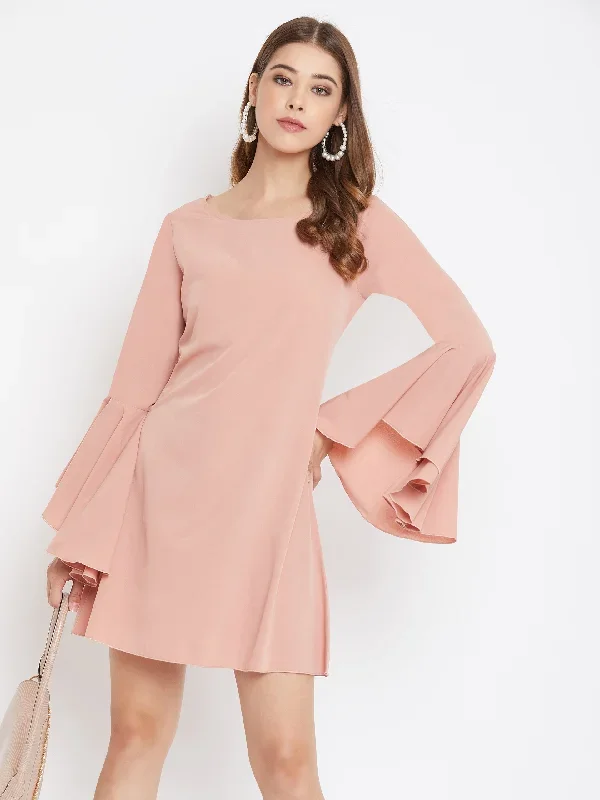 Berrylush Women Solid Pink Round-Neck Flared Sleeves A-Line Mini Dress