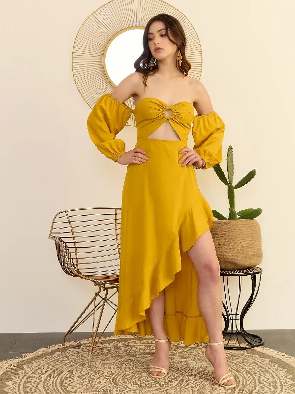 Berrylush Women Yellow Solid Off-Shoulder Cut Outs A-Line Midi Dress