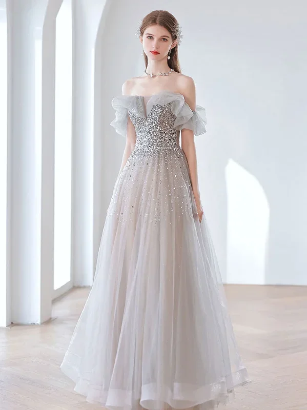 Elegant Gray Tulle Sequin Long Prom Dress, Gray Tulle Evening Dresses