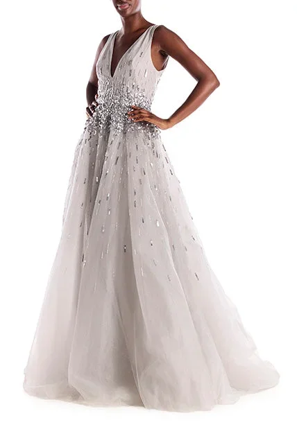 embroidered-v-neck-metallic-tulle-gown