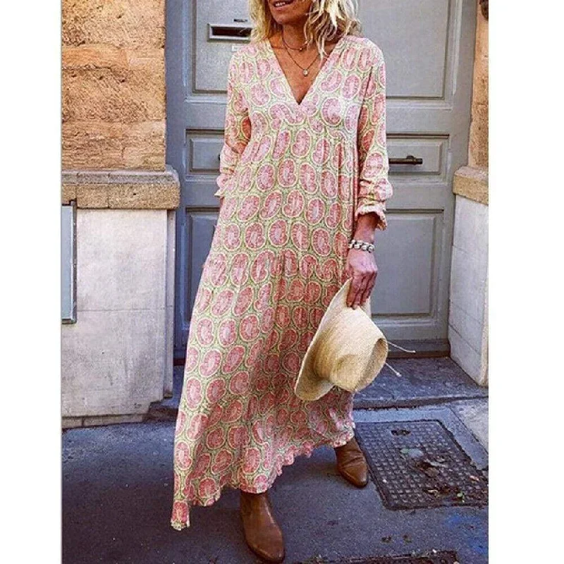 FashionSierra - Fashion Women Boho Deep V Neck Floral Long Maxi Dress