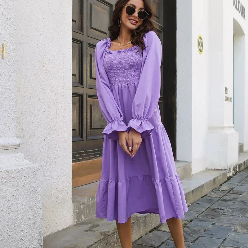 YEMOGGY Elegant Women's Cabled Fall Solid Ruffles Full Flare Sleeve Square Neck Layered Swing A-line Midi Dress