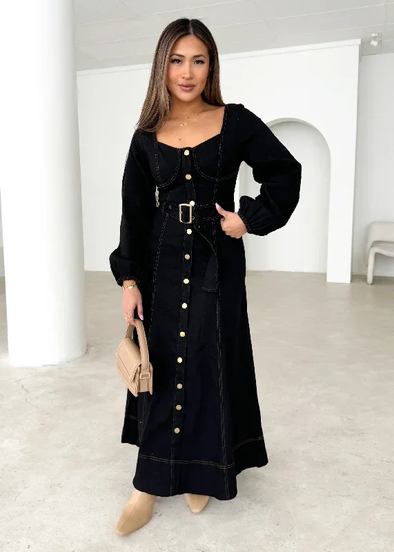 Fiorella Denim Maxi Dress - Black