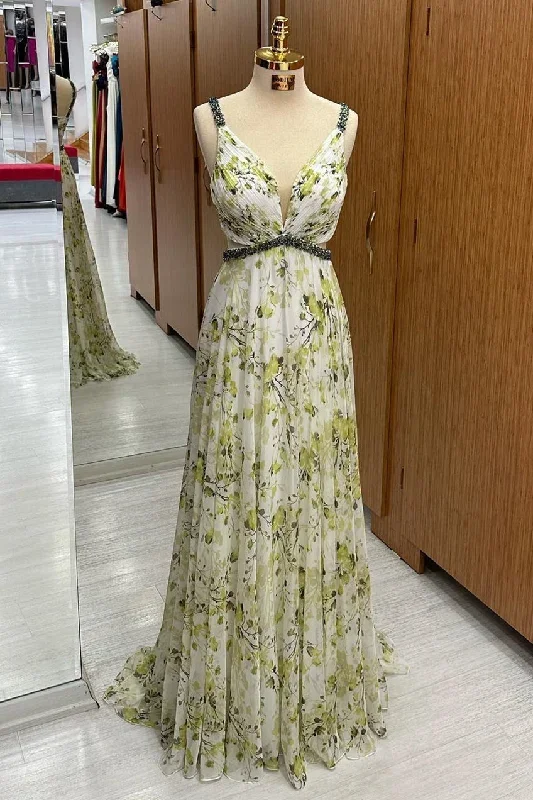 Floral Print Beaded V-Neck Chiffon Maxi Dress