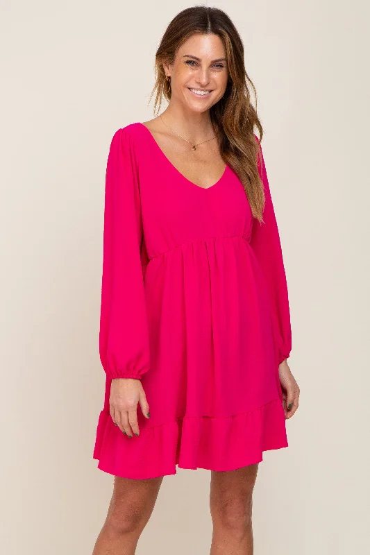 fuchsia-long-sleeve-gathered-tier-maternity-dress