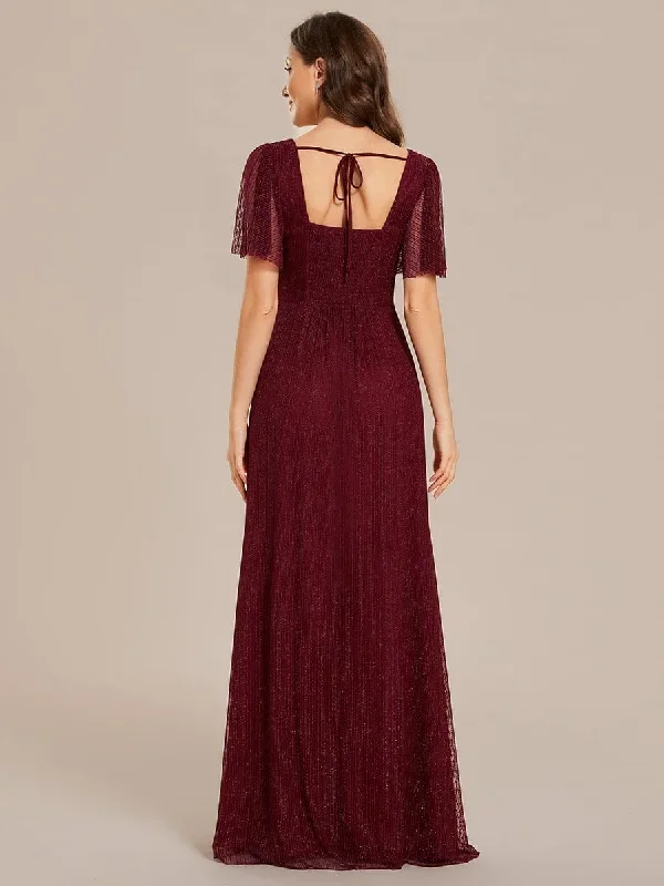 glittery-a-line-high-slit-elastic-waist-short-sleeves-back-lace-up-bridesmaid-dress-es02004