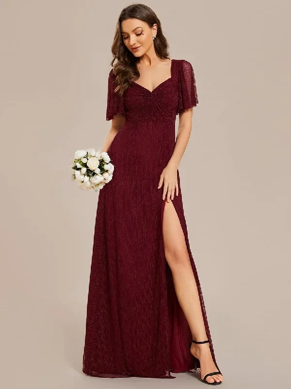 glittery-a-line-high-slit-elastic-waist-short-sleeves-back-lace-up-bridesmaid-dress-es02004