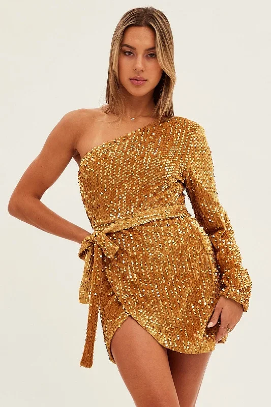 Gold Sequin Mini Dress One Shoulder