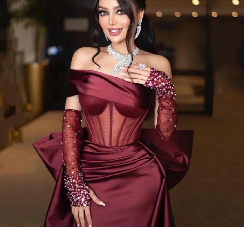 Gorgeous Mermaid فساتين السهرة Sexy Off Shoulder Satin Side Split Prom Dress Burgundy Fishtail Vestidos De Noche With Tail