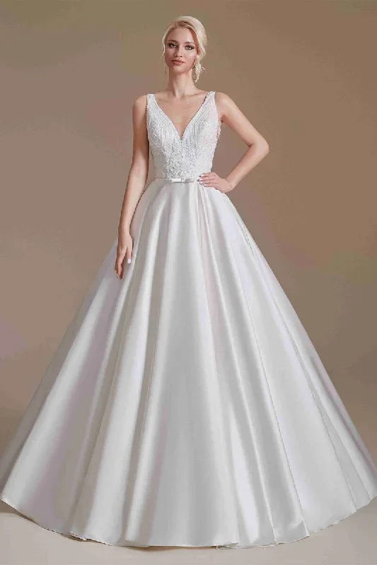 Gorgeous V-Neck White Floor Length Wedding Dress with Embirodery