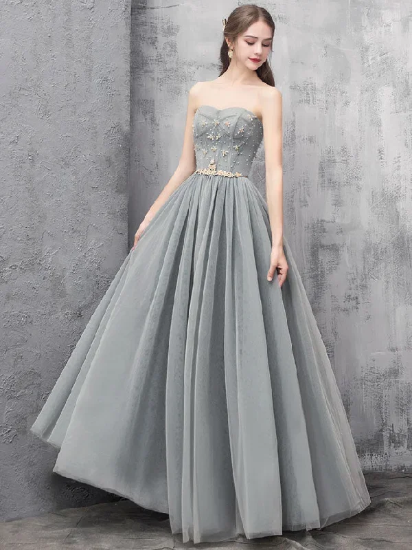 Gray A-line Tulle Long Prom Dress Gray A-line Formal Evening Dress