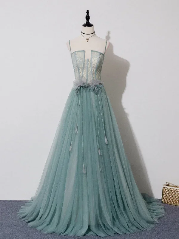 Green A-line Tulle Lace Long Prom Dress Green Tulle Formal Dress