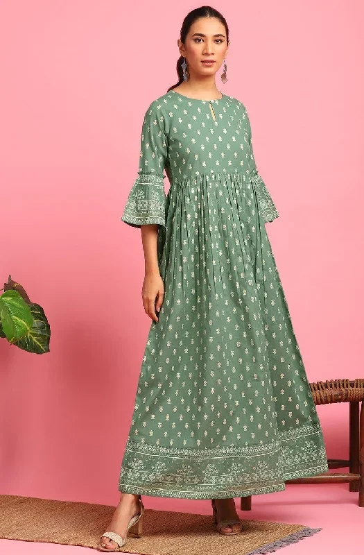 Green Cotton Flex Floral Flared Western Dress