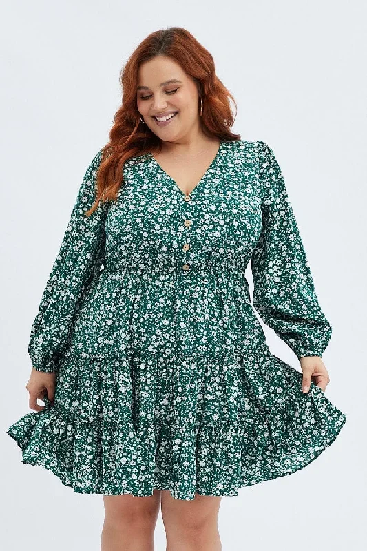 Green Ditsy Fit and Flare Dress Long Sleeve Button Front