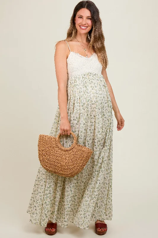 Green Floral Lace Contrast Maternity Maxi Dress