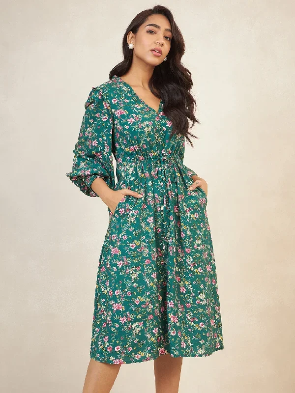 Green Floral Print Ruffle Detailed Midi Dress