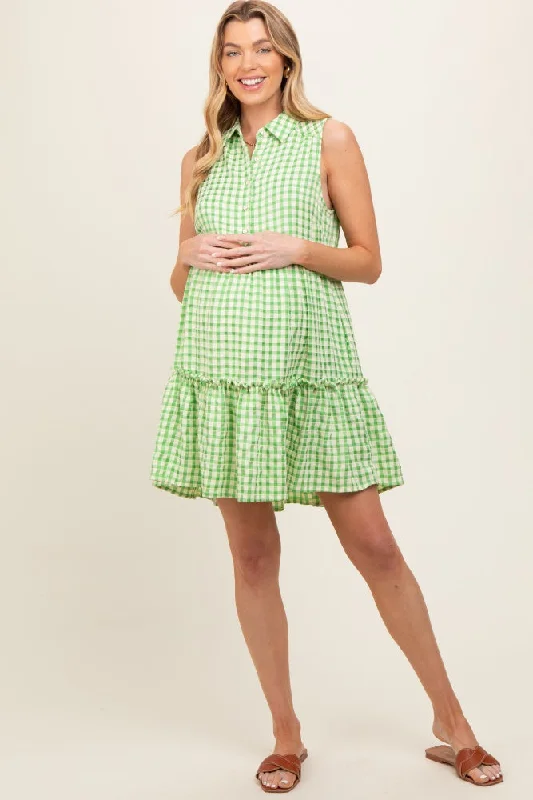 Green Gingham Button Front Collared Maternity Dress