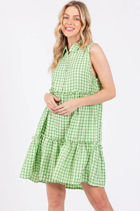 green-gingham-button-front-collared-maternity-dress