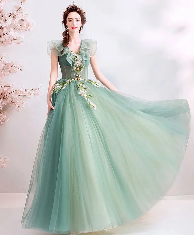 Green V Neck Tulle Lace Long Prom Dress, Green Evening Dress